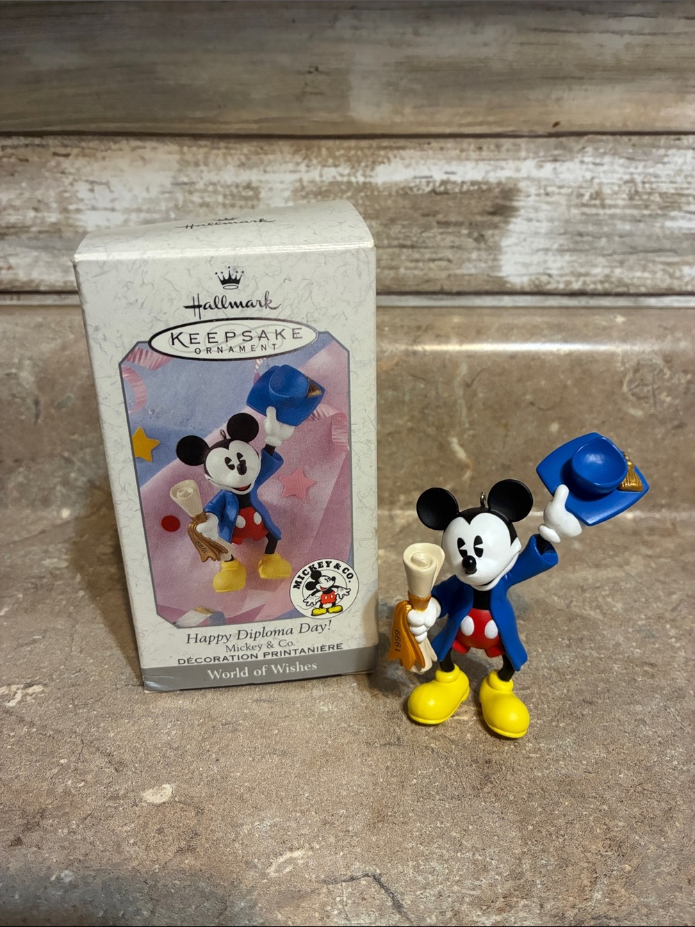 Hallmark Blue Graduation Mickey Ornament with Yellow Shoes and Red Shorts